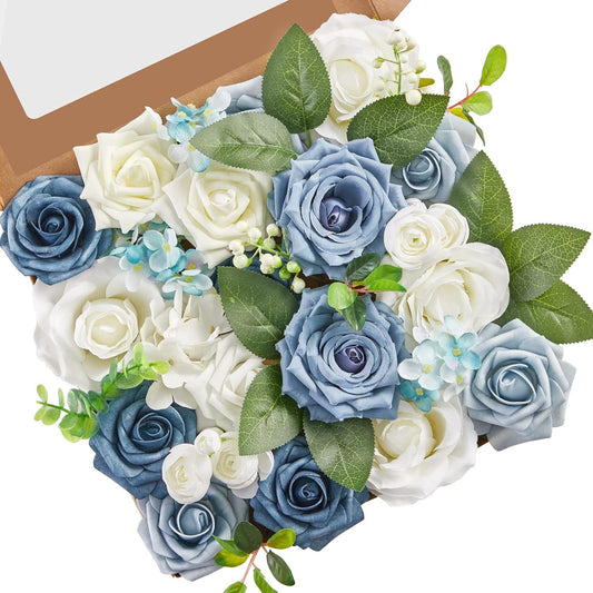 Artificial Flower Box Set, White & Blue, 2Boxes/4Boxes